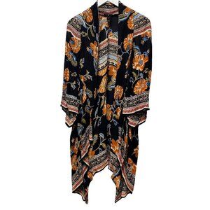 AQUA Boho Duster Size Small Black Floral Kimono Womens Open Front Top Shrug